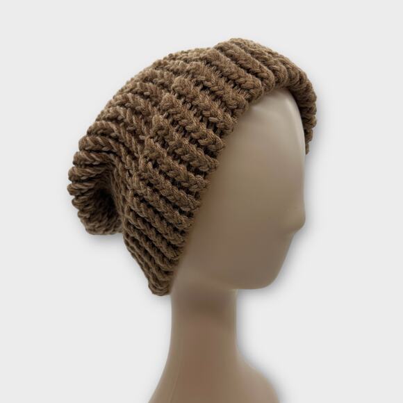 Knit Woven Chunky Brown Beighe Beanie Knit Hat Boho Outdoors Unisex X-Small - Picture 1 of 8